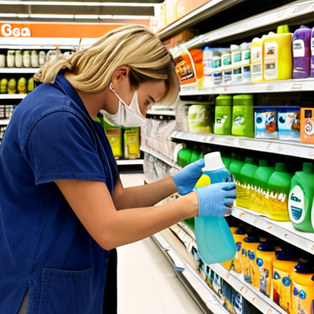 A shopper carefully examining the label of an eco-friendly laundry detergent in a supermarket aisle, surrounded by various cleaning products. Focus on the conscious choice and detailed label reading.