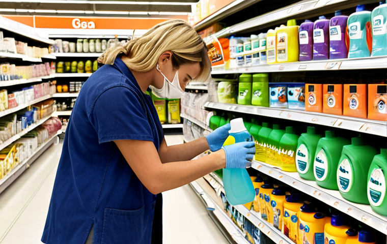 A shopper carefully examining the label of an eco-friendly laundry detergent in a supermarket aisle, surrounded by various cleaning products. Focus on the conscious choice and detailed label reading.